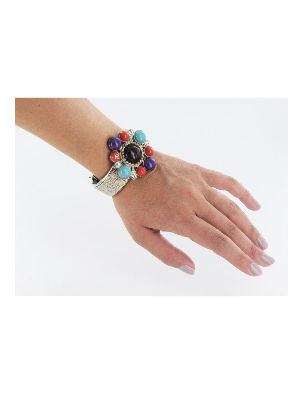 Bracelet CHANEL métal argenté et résine multicolore