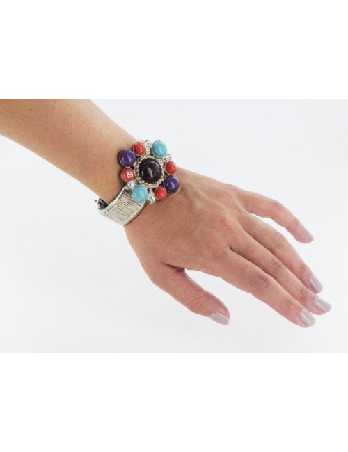 Bracelet CHANEL métal argenté et résine multicolore