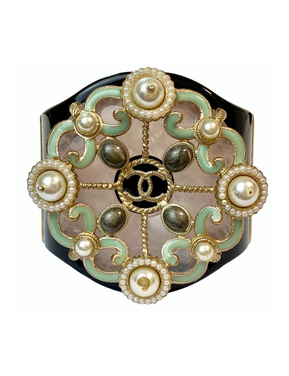  Manchette CHANEL résine noire, verre et perles