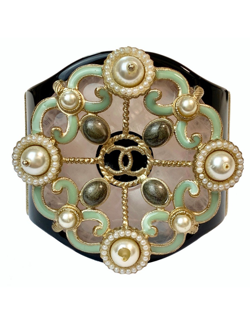  Manchette CHANEL résine noire, verre et perles