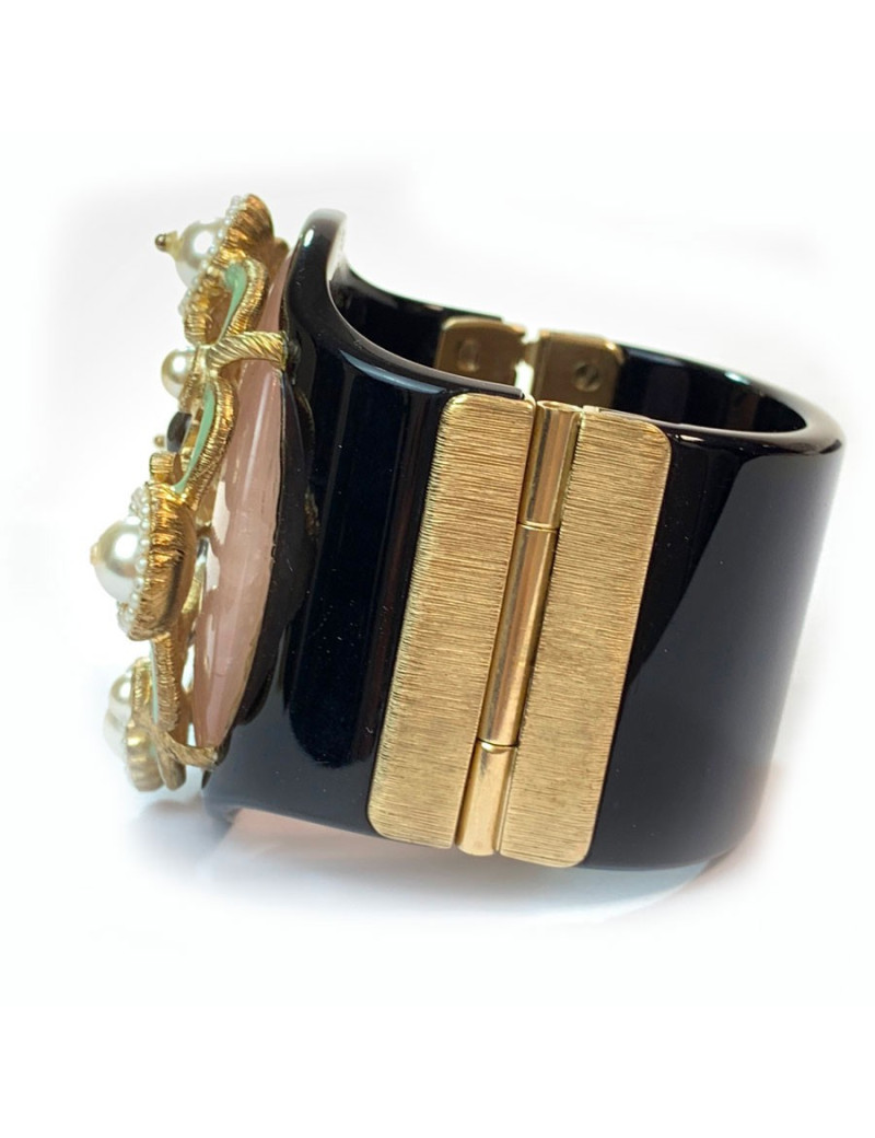  Manchette CHANEL résine noire, verre et perles