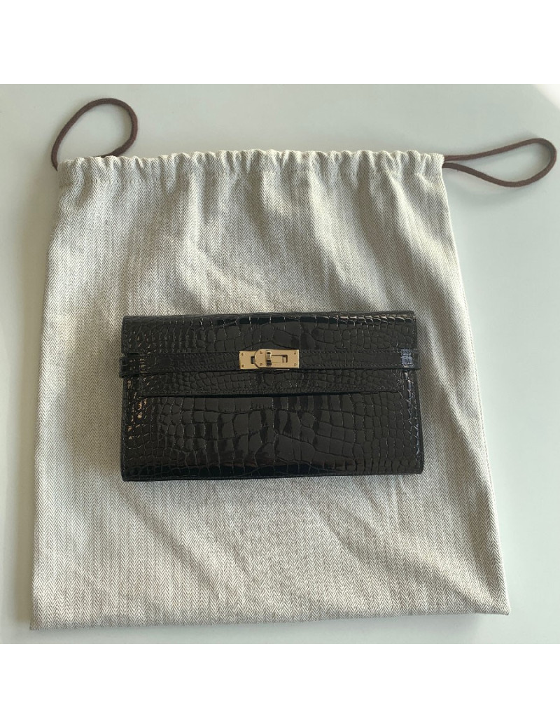 Portefeuille kelly HERMES alligator noir brillant