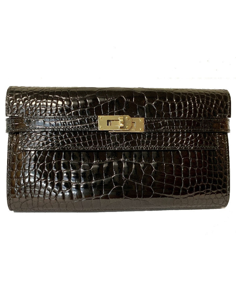 Portefeuille kelly HERMES alligator noir brillant