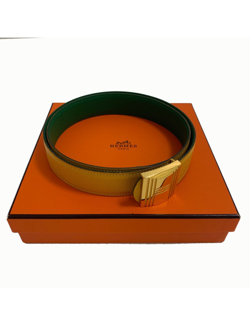 Ceinture HERMES réversible cuir epsom vert et jaune T84