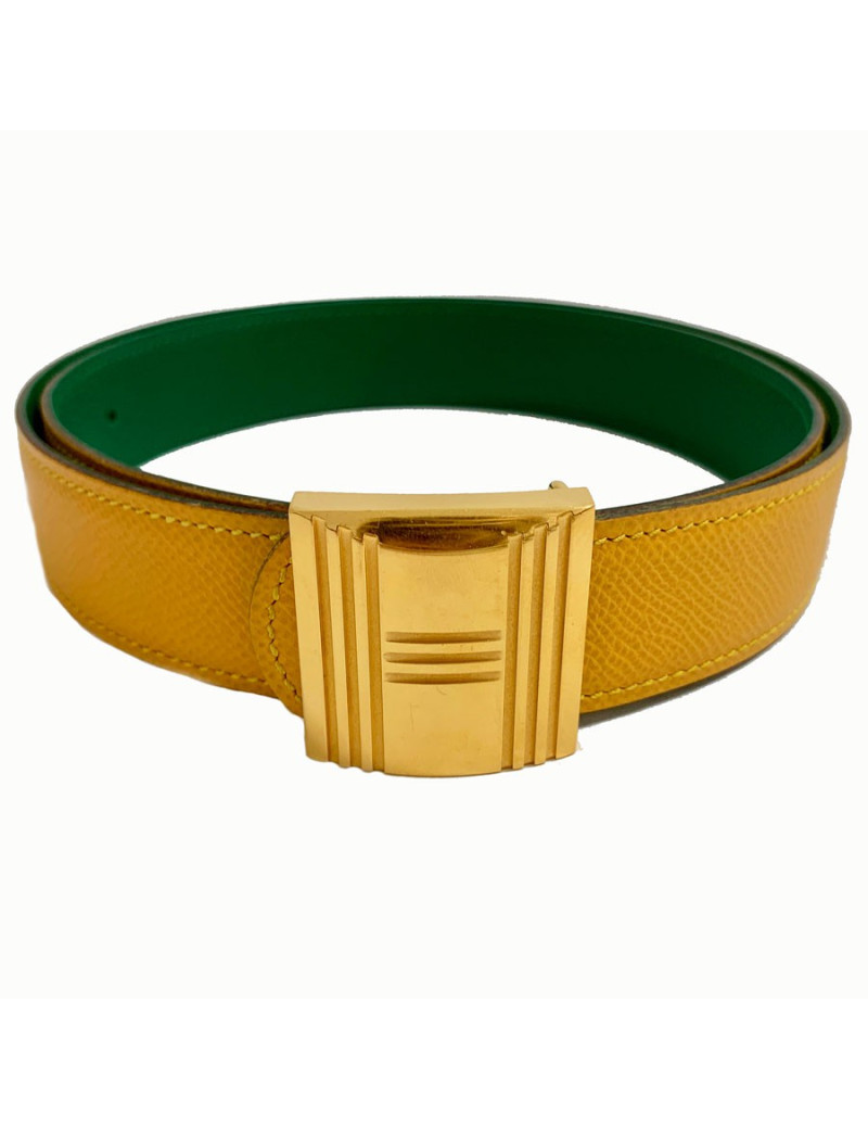 Ceinture HERMES réversible cuir epsom vert et jaune T84