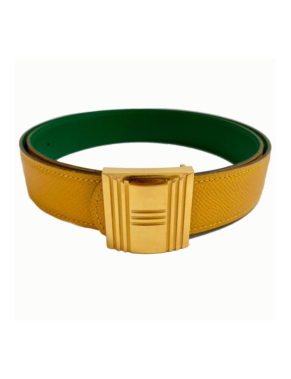Ceinture T 84  HERMES réversible cuir epsom vert et jaune