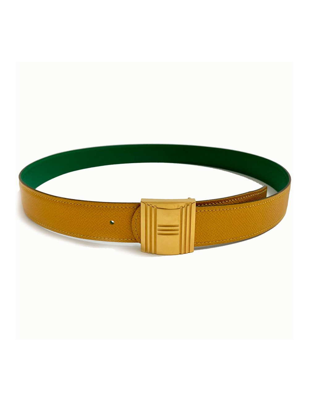 Ceinture T 84  HERMES réversible cuir epsom vert et jaune