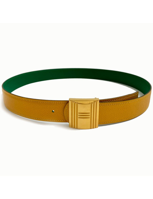 Ceinture T 84  HERMES réversible cuir epsom vert et jaune