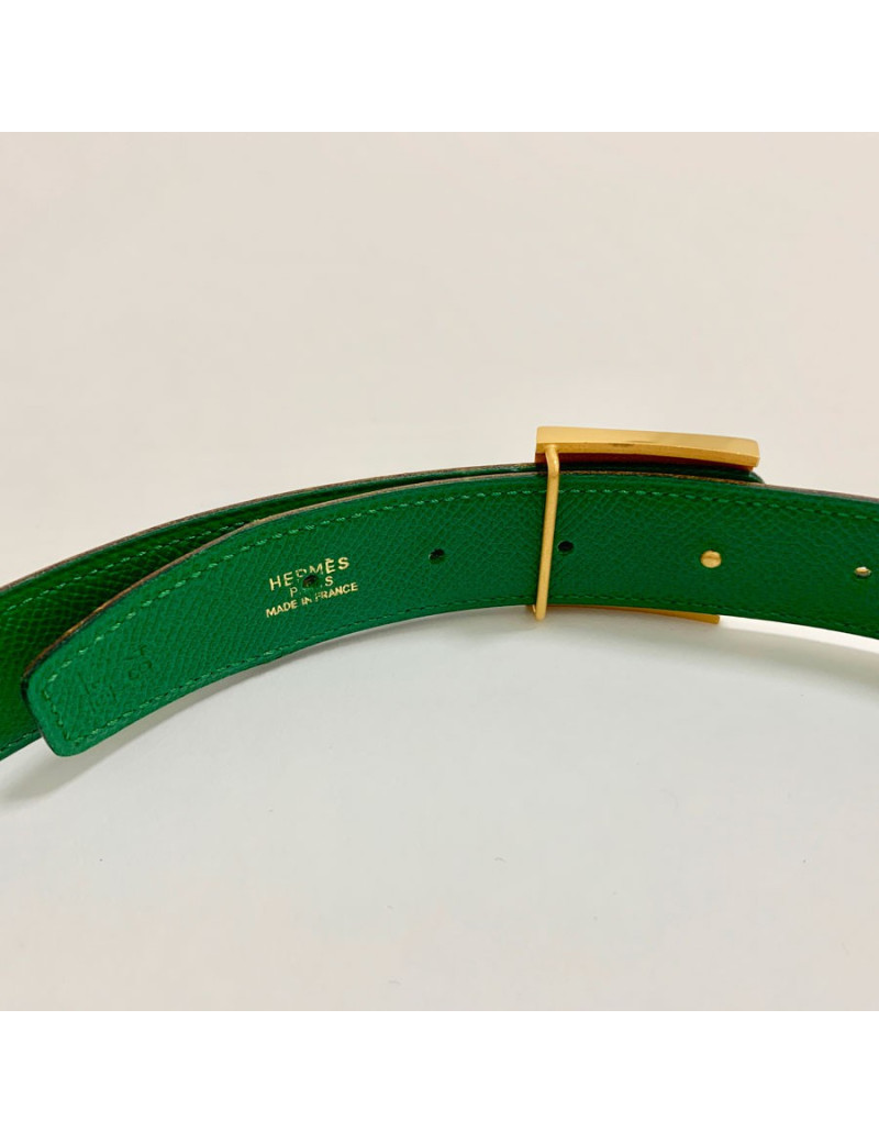 Ceinture HERMES réversible cuir epsom vert et jaune T84