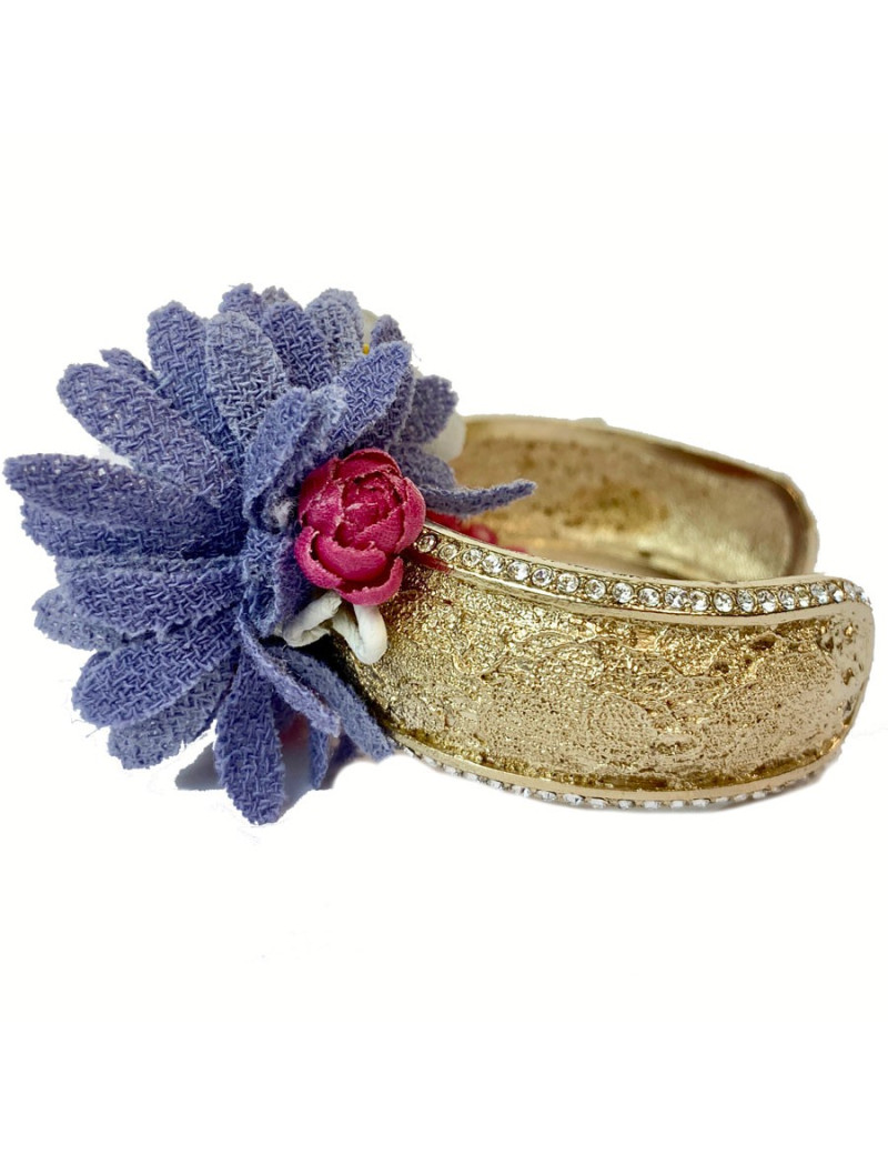 Bracelet CHANEL fleur en métal doré et tissu