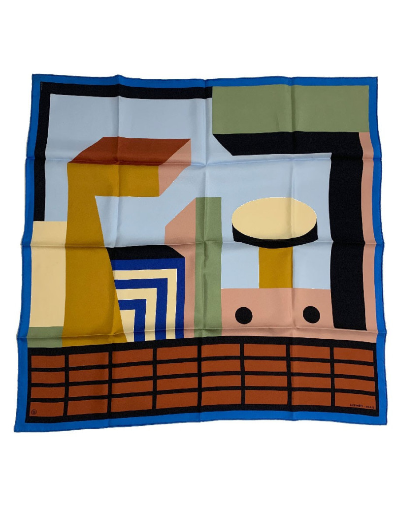 Carré HERMES Zeta de Nathalie Du Pasquier bleu ciel en soie