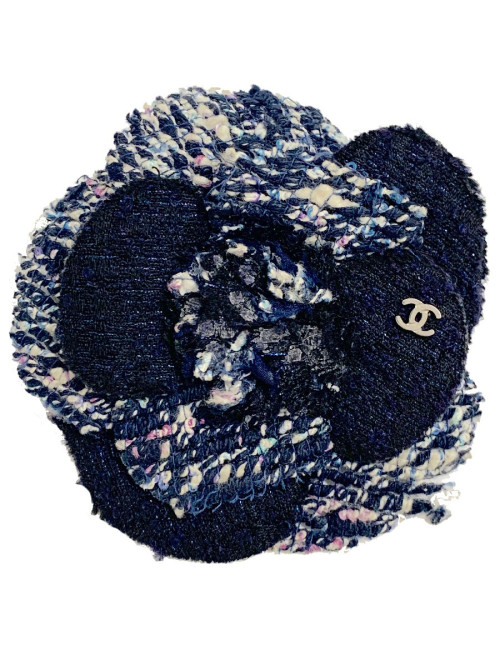 Broche camélia CHANEL  tweed bleu moucheté