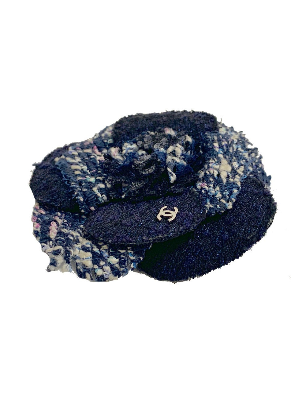 Broche camélia CHANEL  tweed bleu moucheté