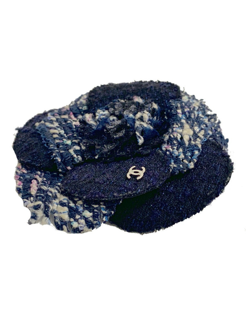 Broche camélia CHANEL  tweed bleu moucheté