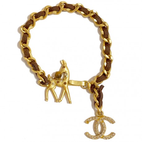 Bracelet CHANEL chaine dorée entrelacée de cuir marron
