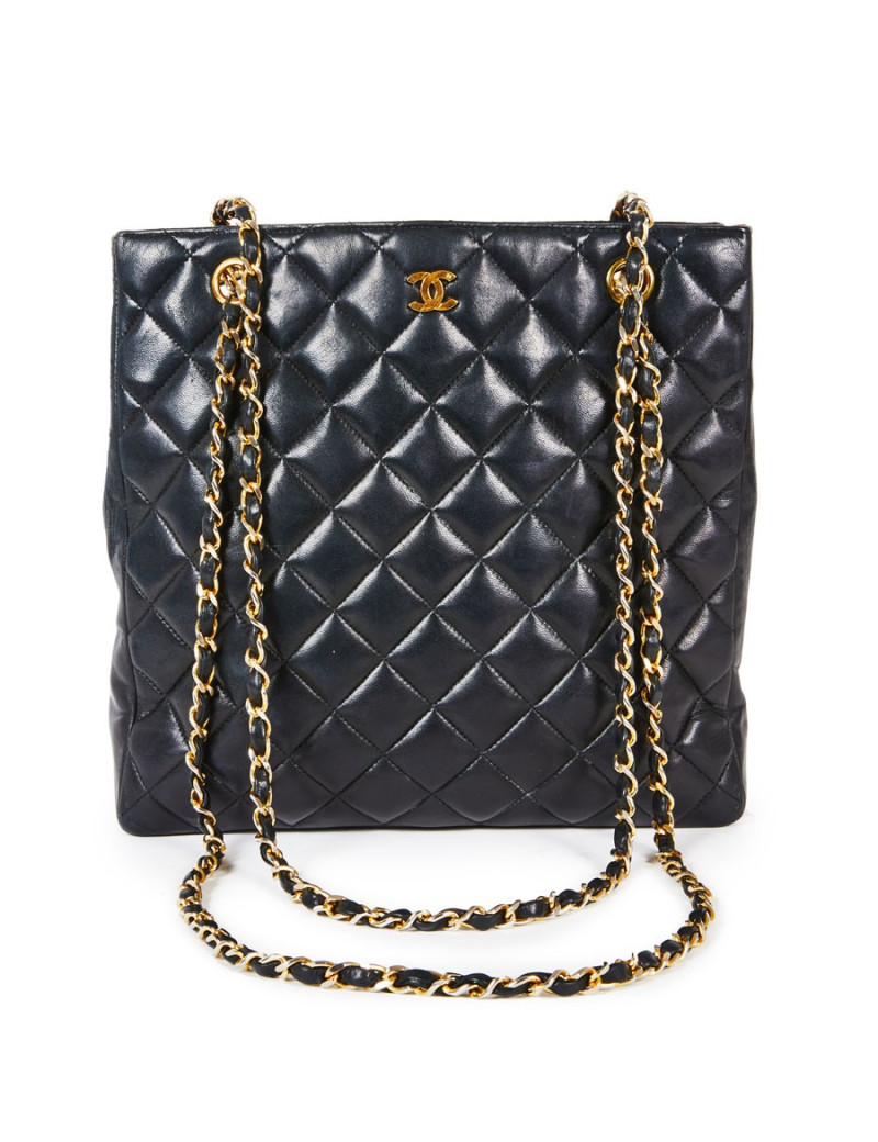 Sac cabas CHANEL vintage cuir lisse noir matelassé