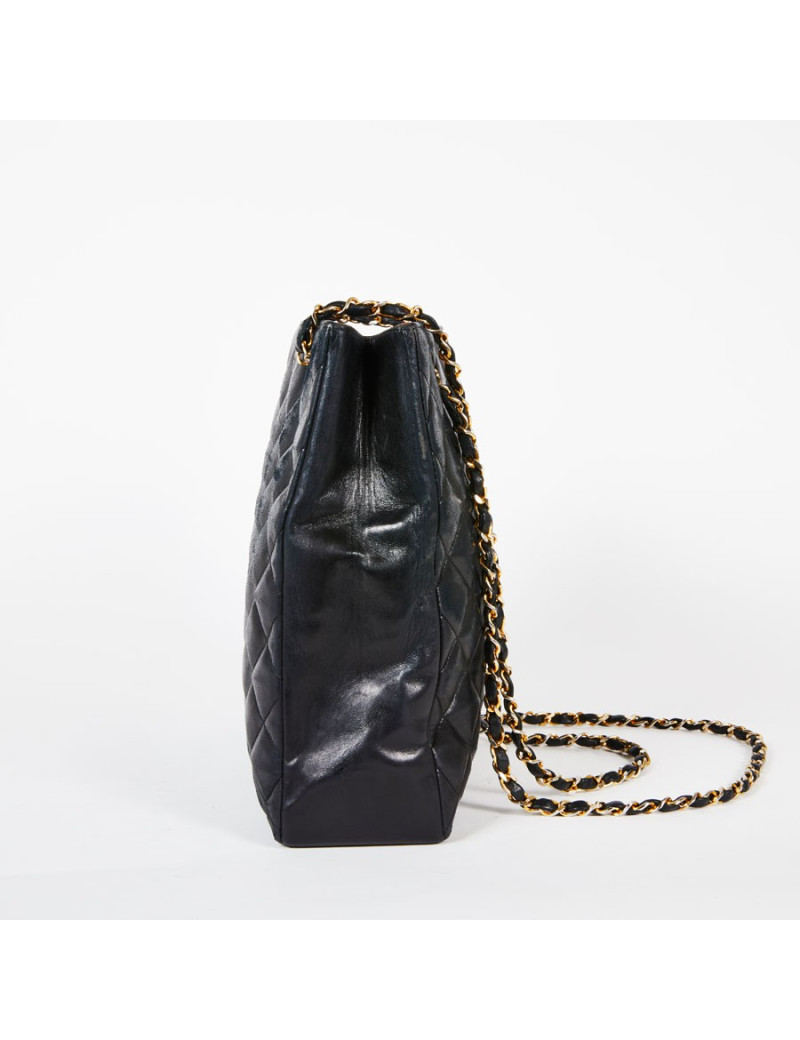 Sac cabas CHANEL vintage cuir lisse noir matelassé
