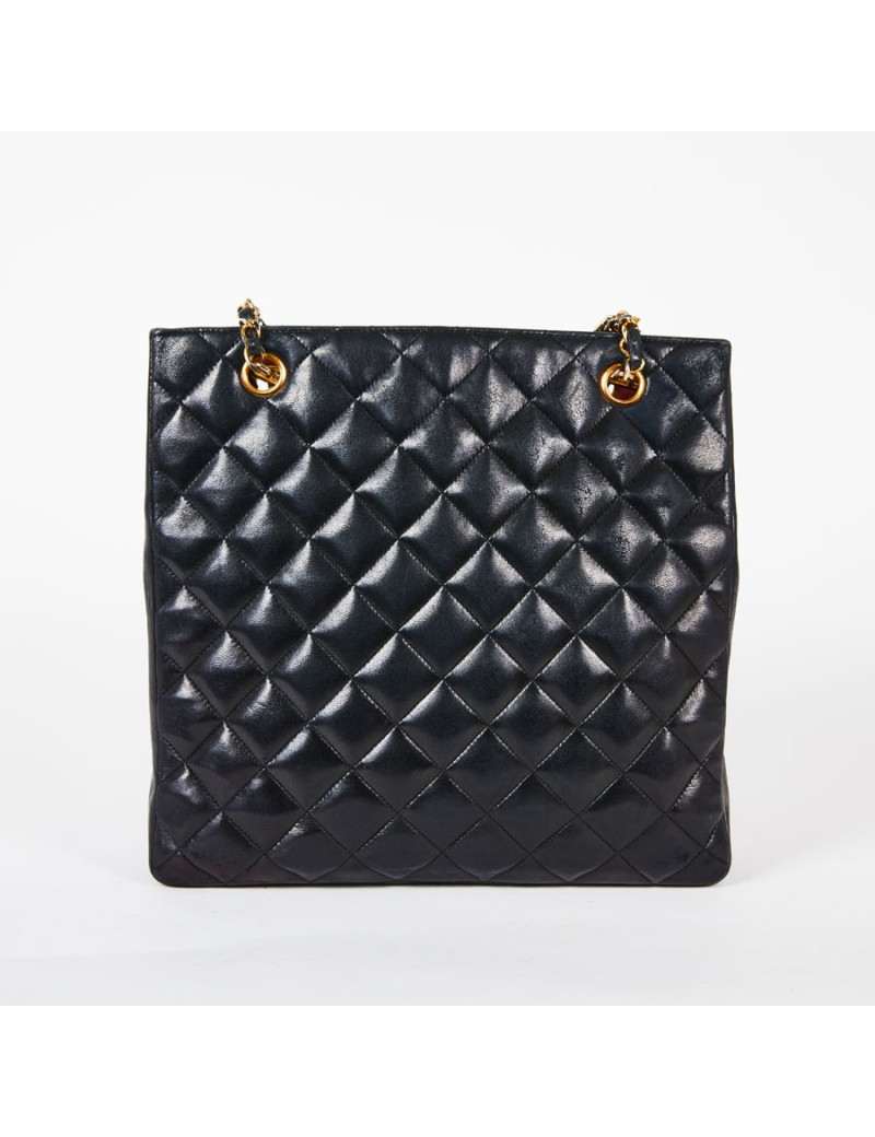 Sac cabas CHANEL vintage cuir lisse noir matelassé