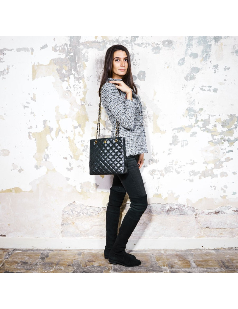 Sac cabas CHANEL vintage cuir lisse noir matelassé