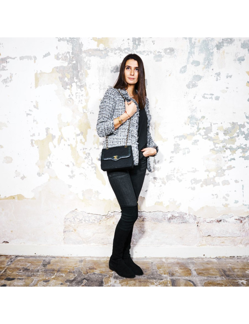 Sac CHANEL Haute couture vintage toile et cuir noir