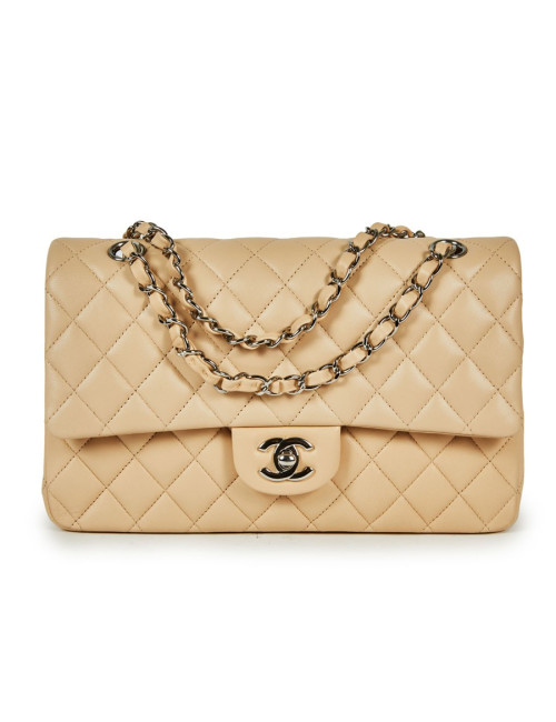 Sac Timeless CHANEL cuir lisse matelassé beige