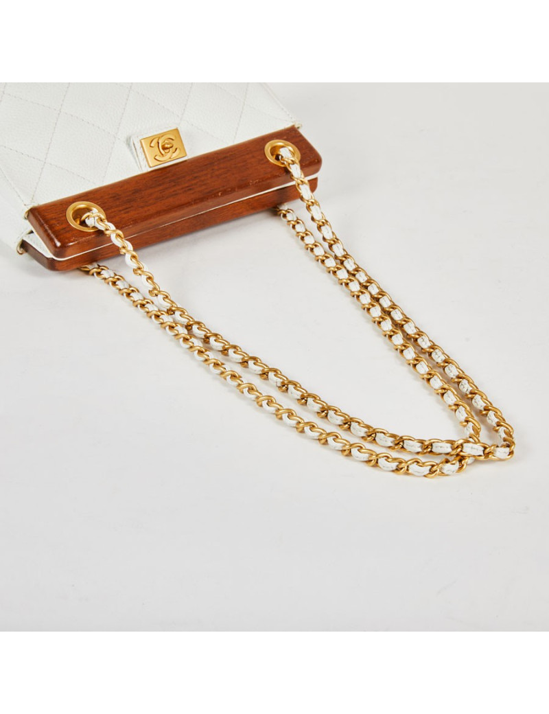Sac CHANEL vintage bois et cuir blanc