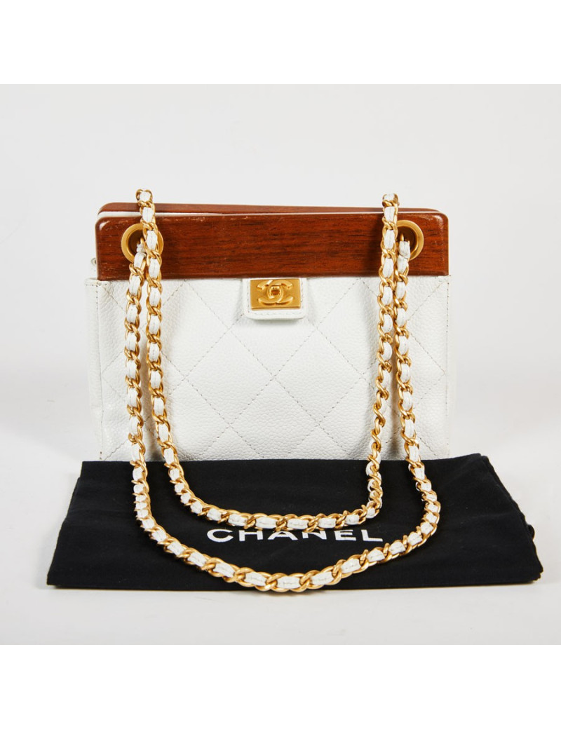 Sac CHANEL vintage bois et cuir blanc