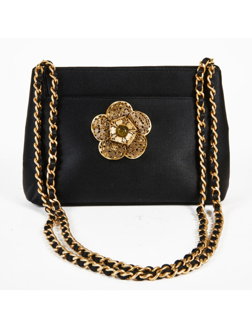 Sac du soir CHANEL satin noir et camélia