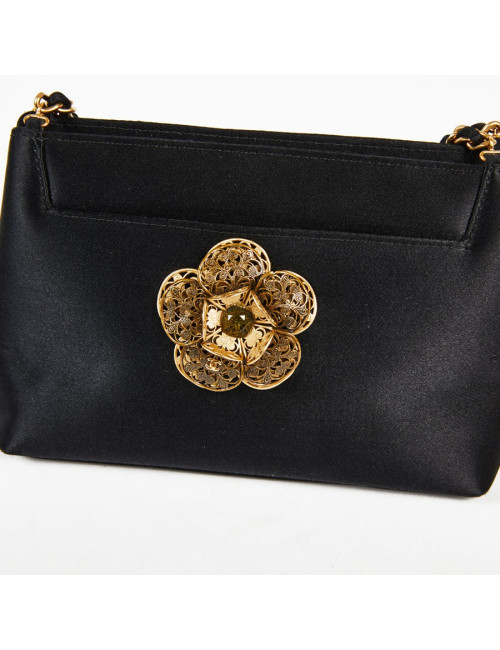 Sac du soir CHANEL satin noir et camélia