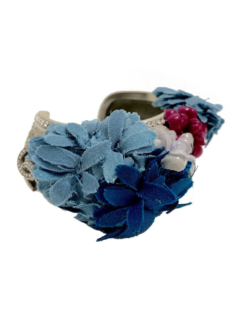 Bracelet CHANEL rigide argenté et fleurs en tissu