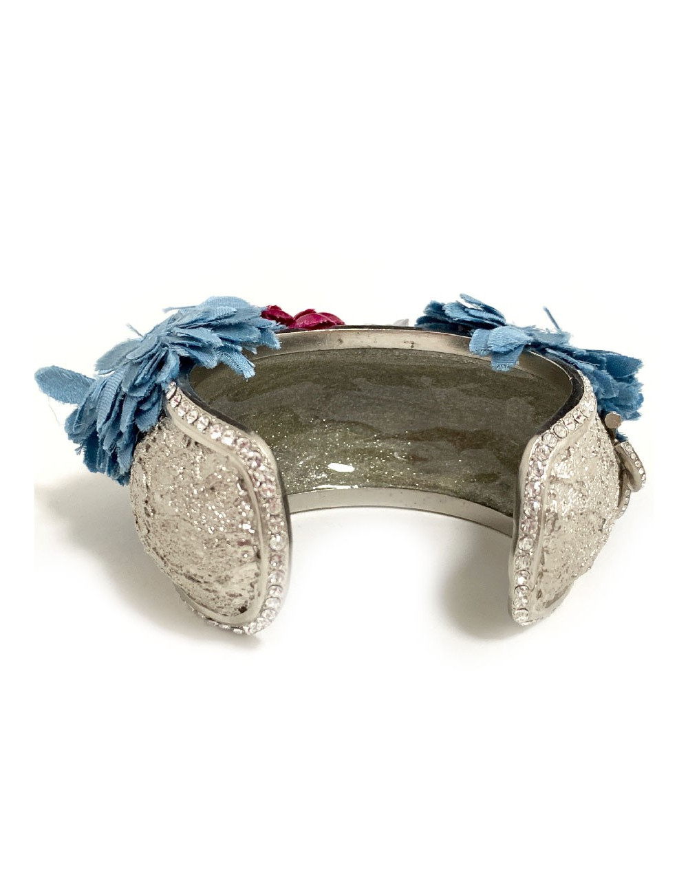 Bracelet CHANEL rigide argenté et fleurs en tissu