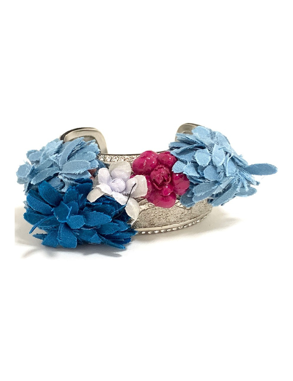 Bracelet CHANEL rigide argenté et fleurs en tissu