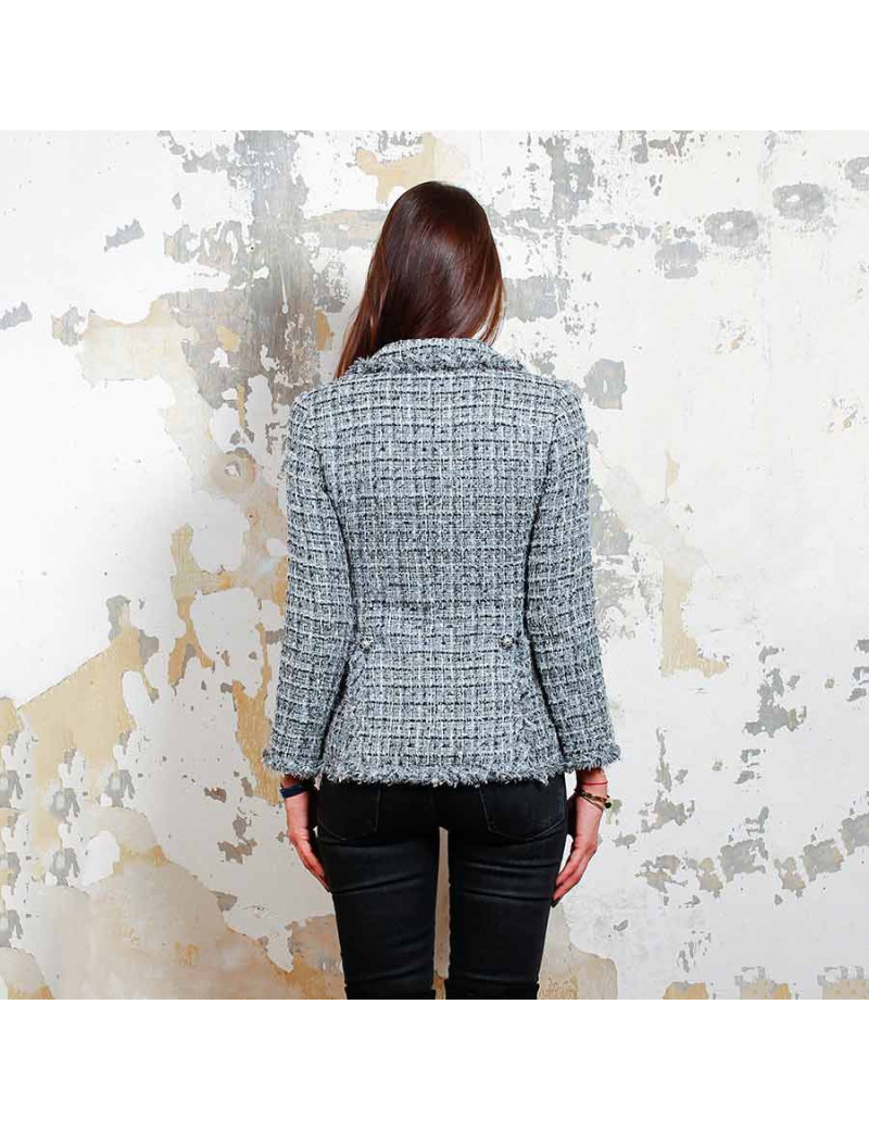 Veste  T34 CHANEL  en tweed gris avec fils blanc, rose et bleu