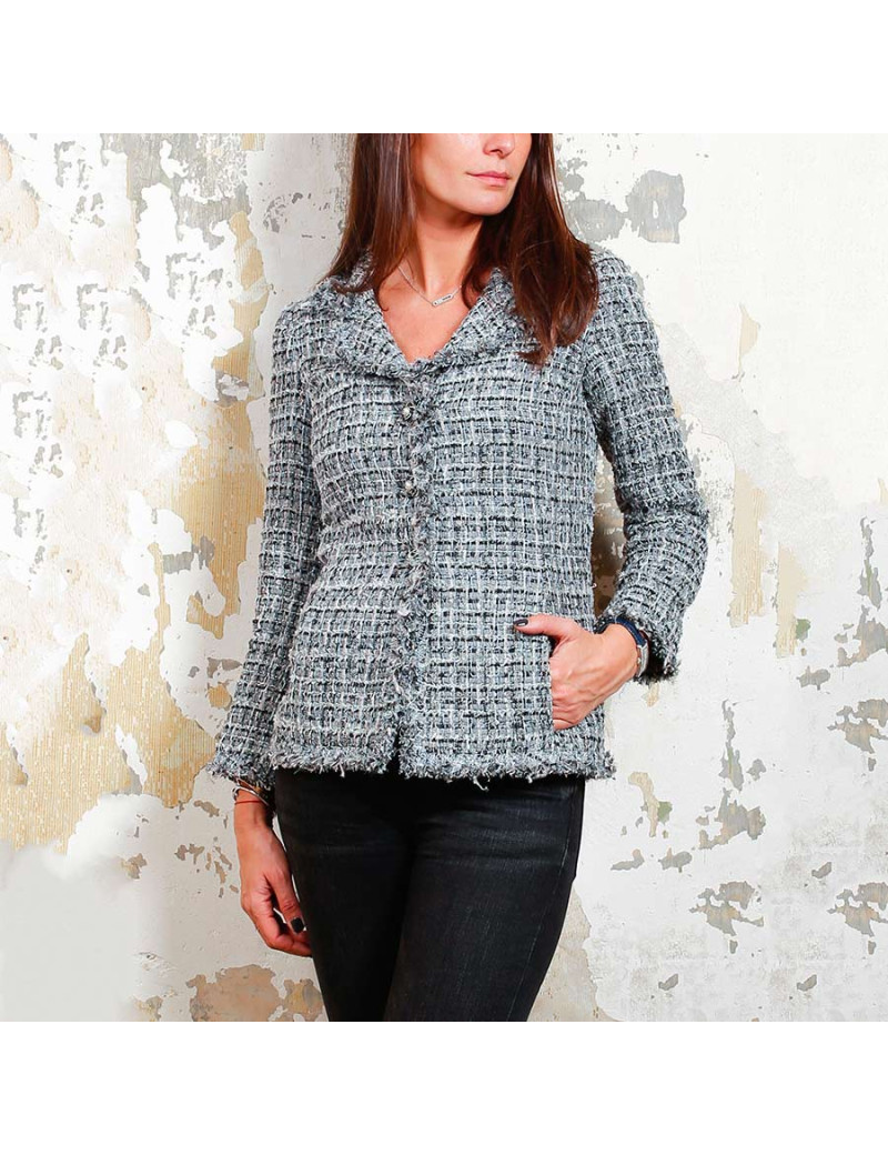 Veste  T34 CHANEL  en tweed gris avec fils blanc, rose et bleu