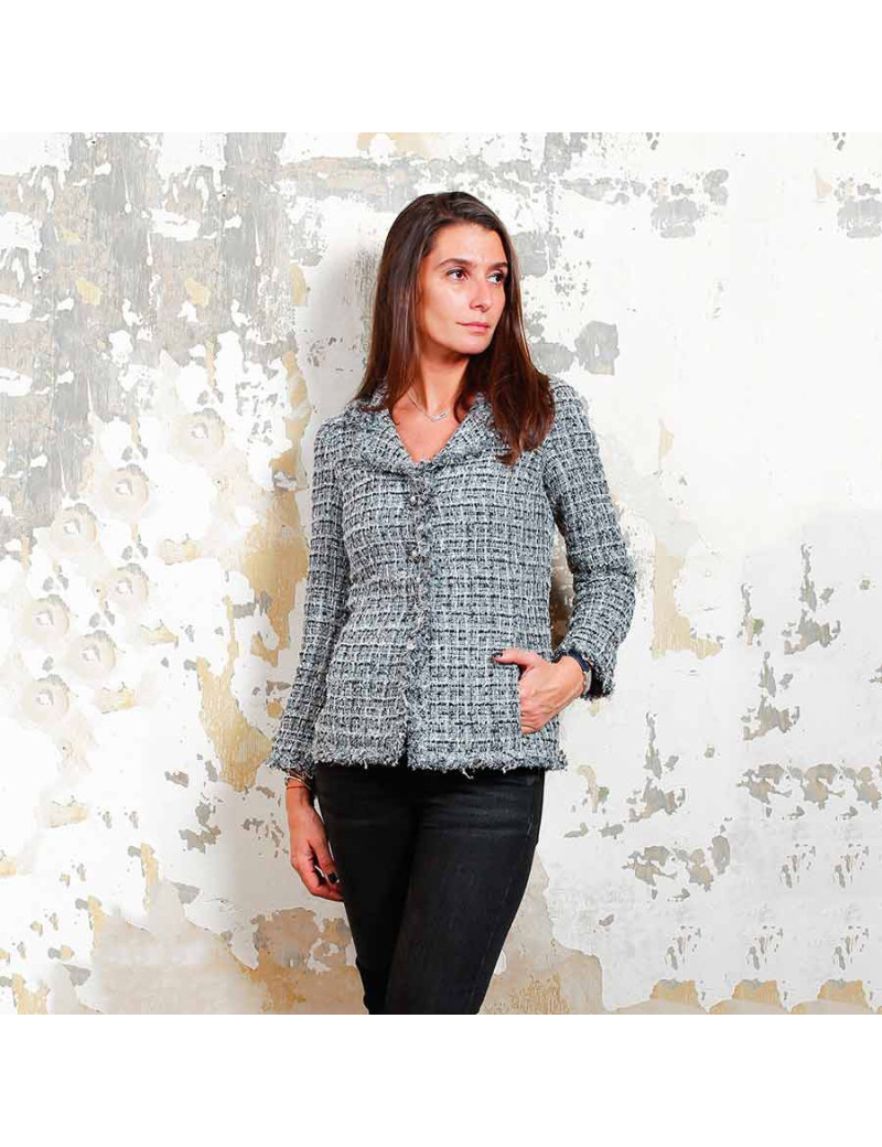 Veste  T34 CHANEL  en tweed gris avec fils blanc, rose et bleu