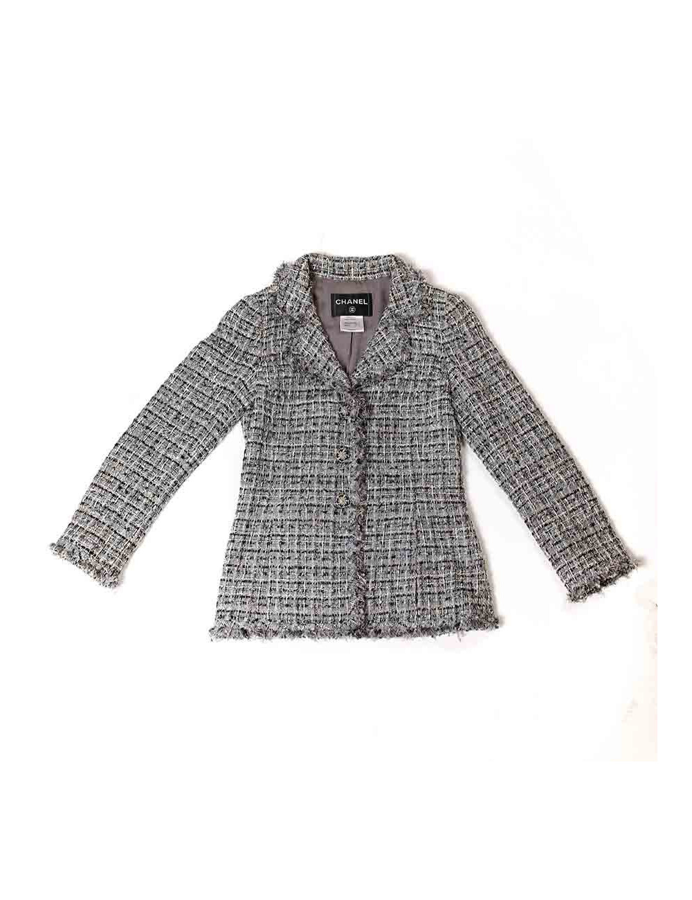 Veste T34 CHANEL en tweed gris avec fils blanc, rose et bleu