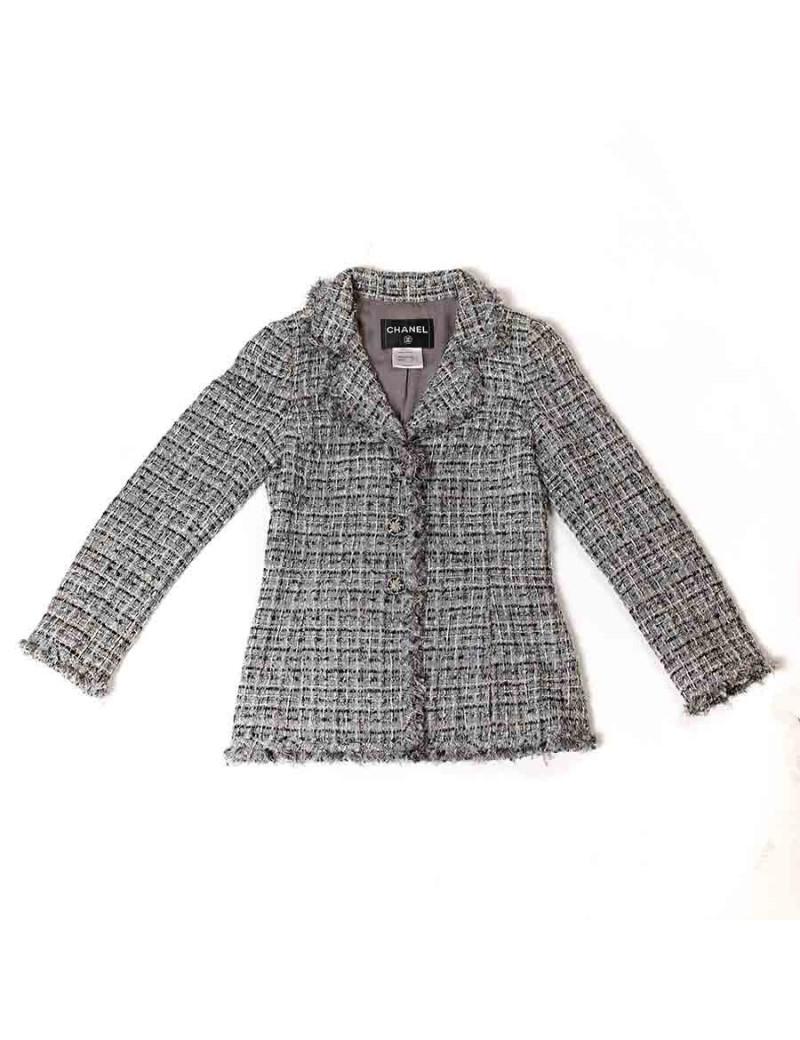 Veste  T34 CHANEL  en tweed gris avec fils blanc, rose et bleu