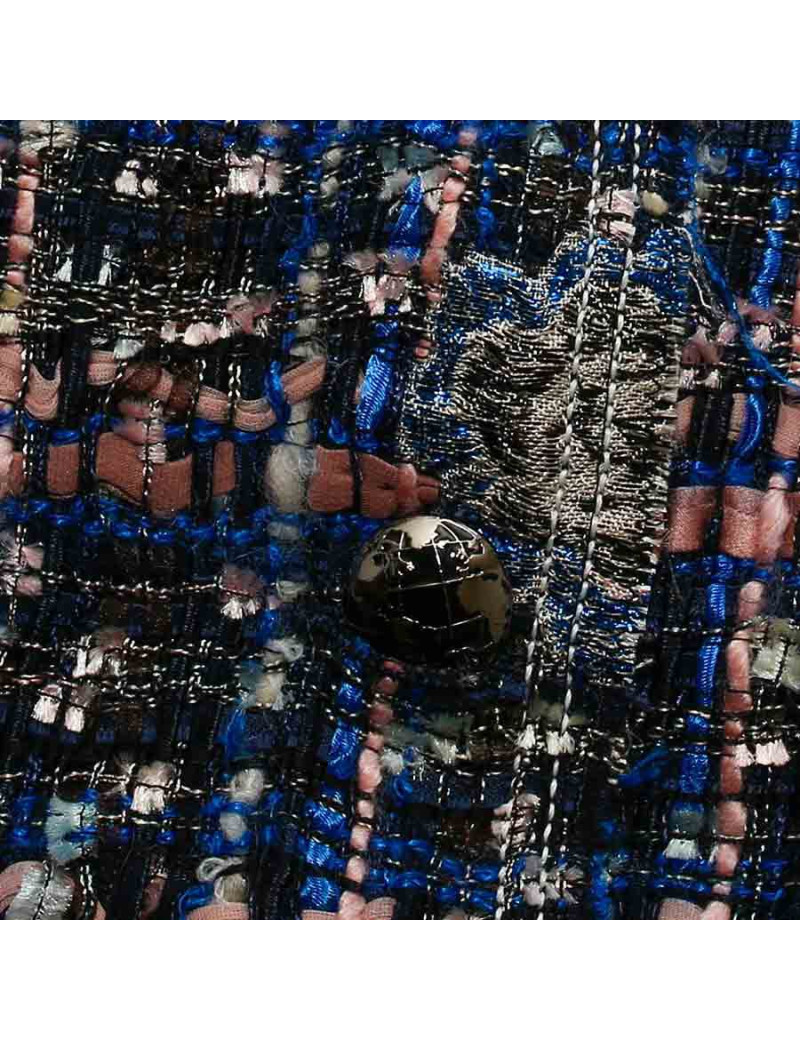 Veste CHANEL T 36 croisée tweed bleu et rose  pastel et camélias brodés de fils métalisés