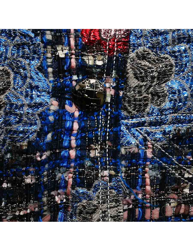 Veste CHANEL courte double boutonnage tweed bleu et rose  pastel et camélias tissu métallisé