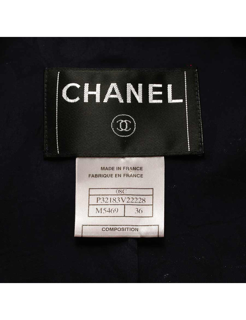 Veste CHANEL courte double boutonnage tweed bleu et rose  pastel et camélias tissu métallisé