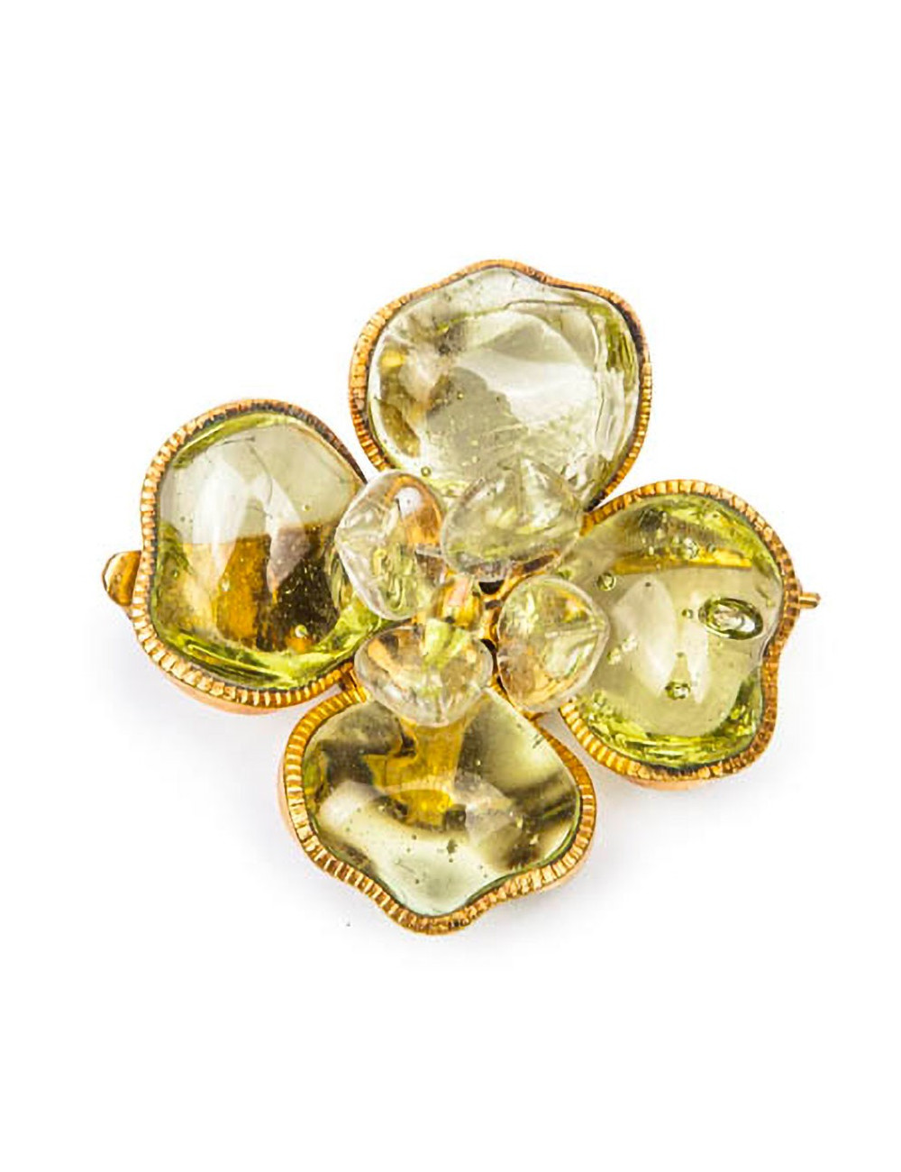 CHANEL camélia brooch in gilded metal and green molten glass