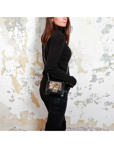 CHANEL mini Boy bag in black lambskin and golden lace 2