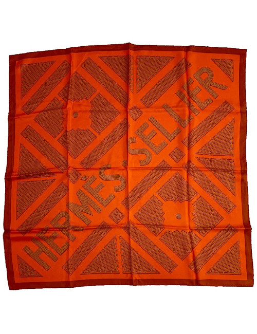 Carré HERMES "HERMES SELLIER" soie 100% orange