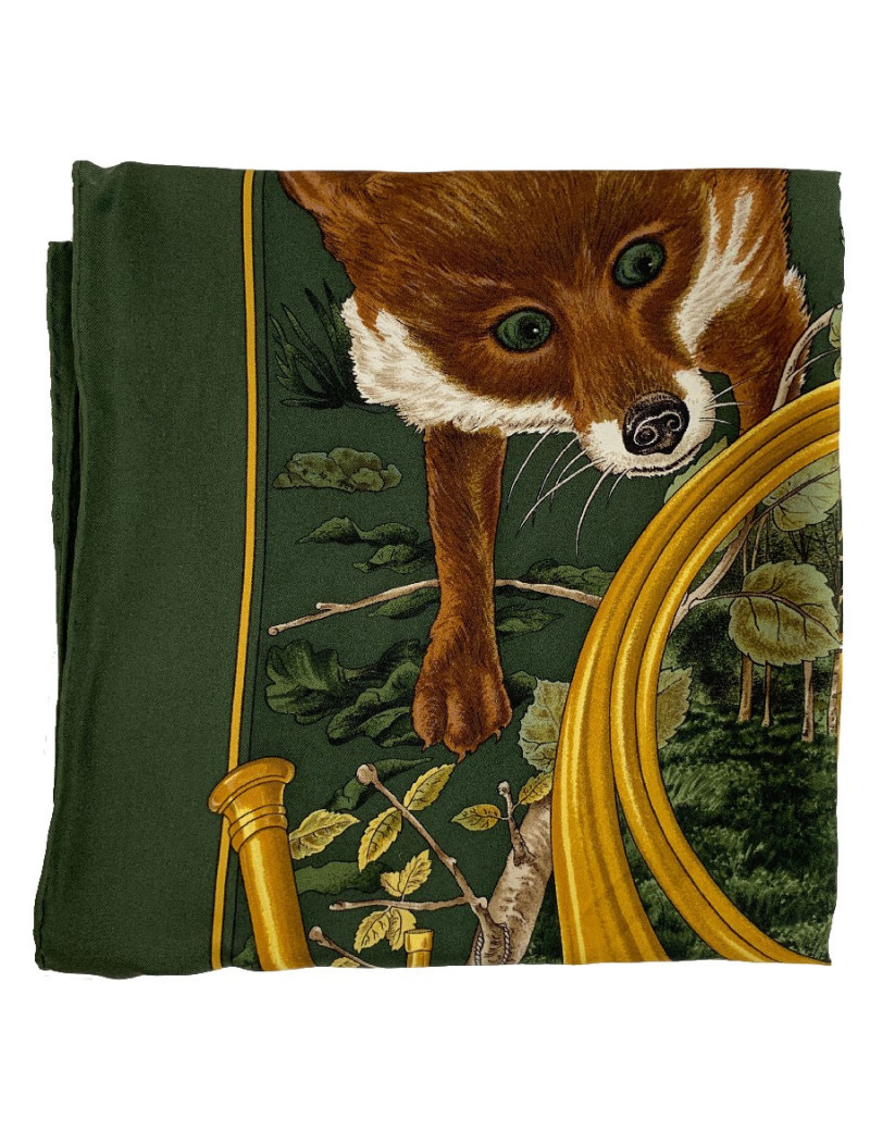 Foulard HERMES Chasse au Bois en soie vert foncé