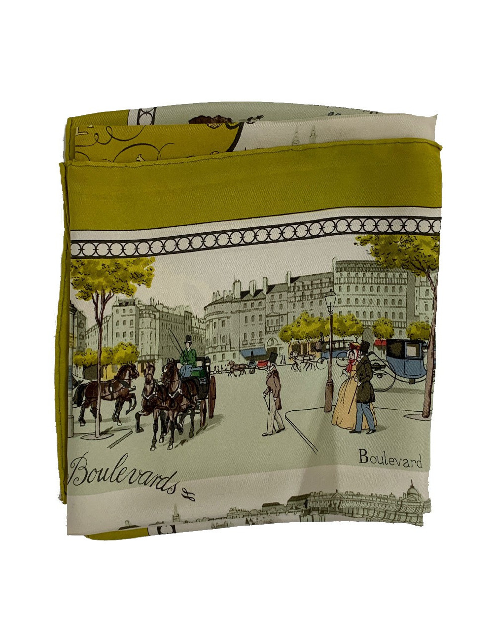 Carré HERMES "Paris London-Cent ans à Londres" en soie beige, vert et jaune