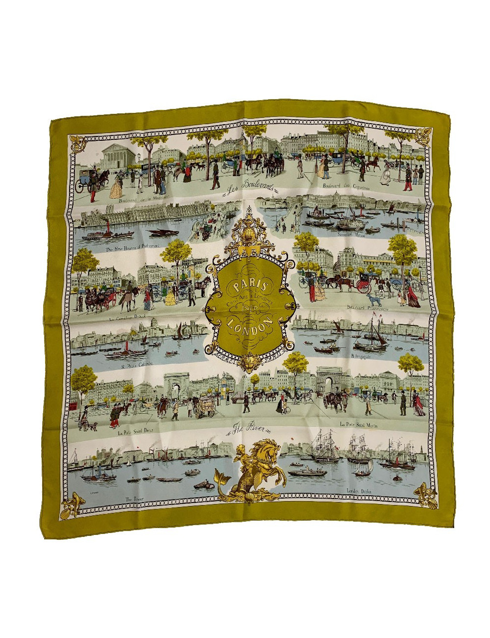 Carré HERMES "Paris London-Cent ans à Londres" en soie beige, vert et jaune
