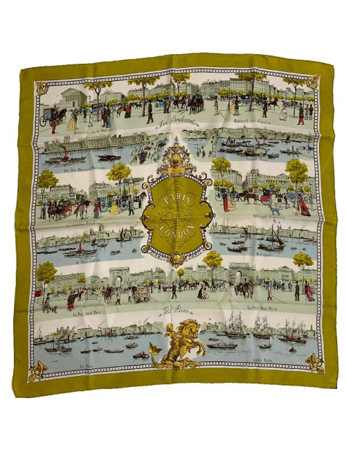 Carré HERMES "Paris London-Cent ans à Londres" en soie beige, vert et jaune