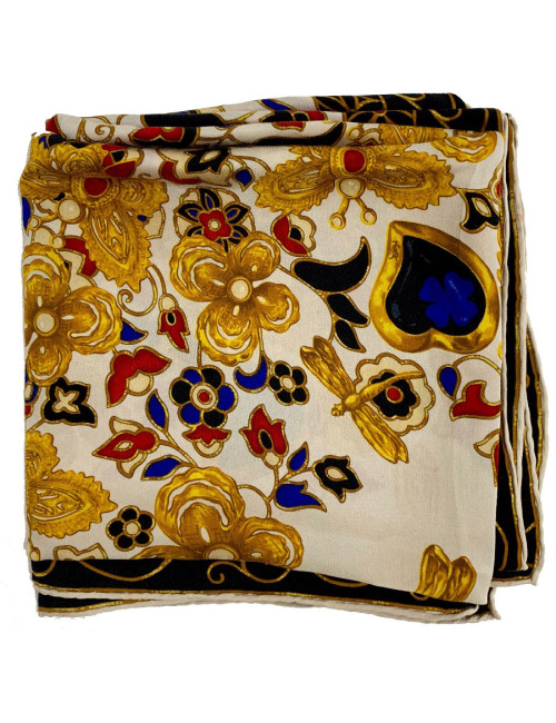 Carré de soie YVES SAINT LAURENT noir, or et beige