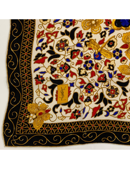 Carré de soie YVES SAINT LAURENT noir, or et beige
