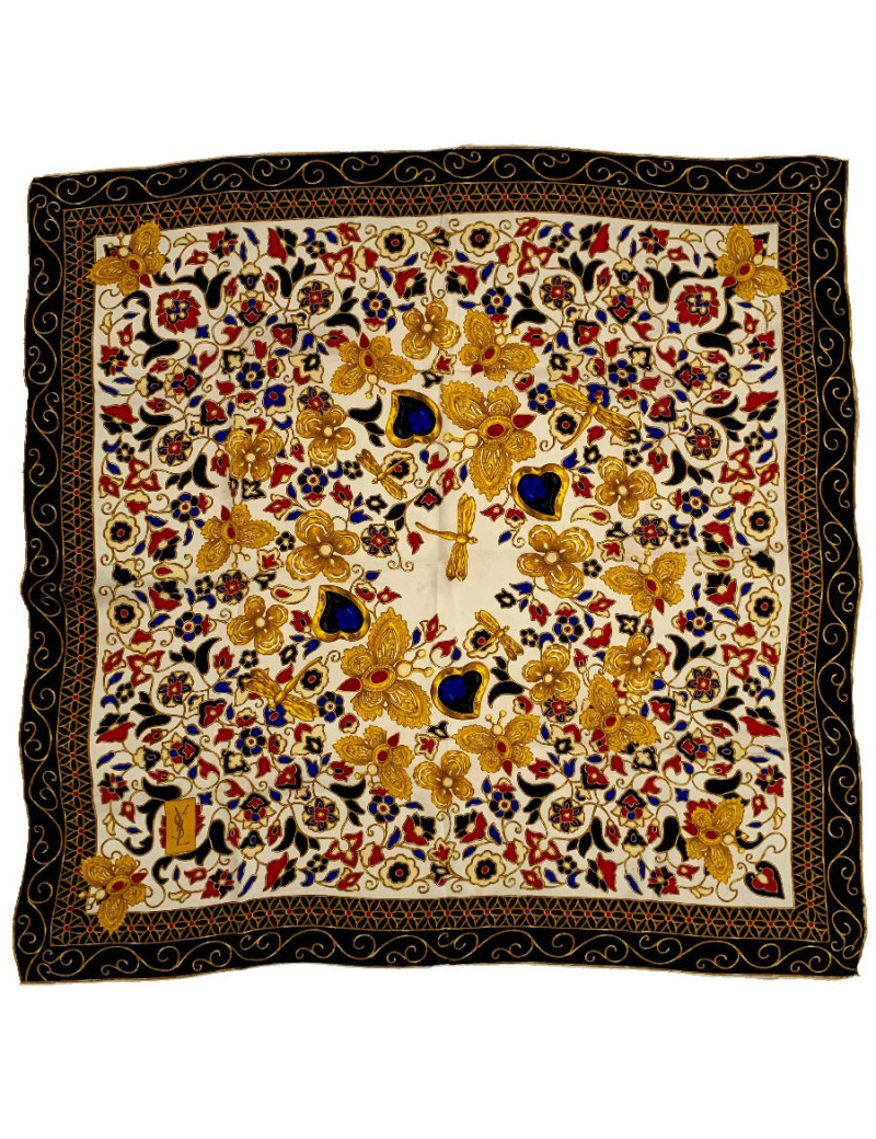 Carré de soie YVES SAINT LAURENT noir, or et beige